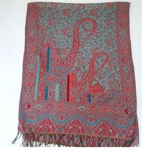 Pashmina Cashmere Teal and Red Paisley Fringe Shawl Head Scarf